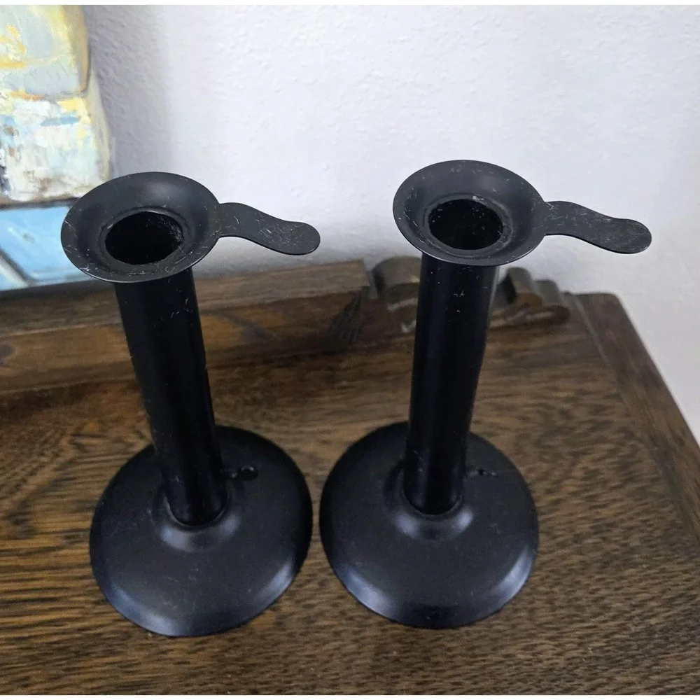 Pair‎ of Vintage Black Iron Metal Push Up Candlestick Holder Cottage Lights